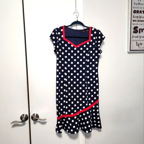 Pretty Midi Navy Blue Dress white Dots - Picture 1 of 5
